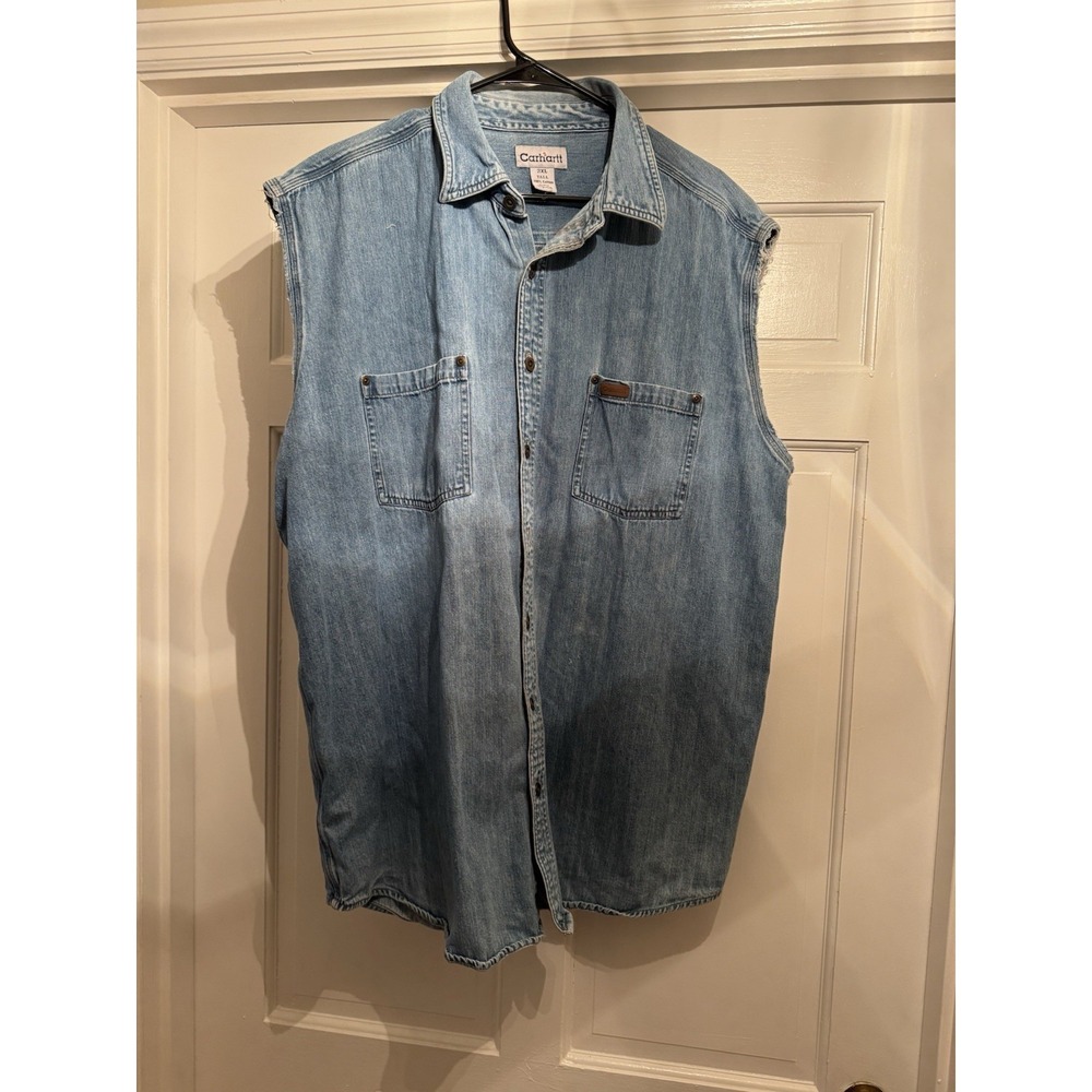 Carhartt Mens Size 2XL Tall Blue Denim Button Sleeves Cut Off See Description
